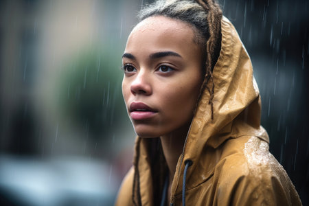 shot of a young woman looking worried while standing outside in the rain, created with generative aiの素材