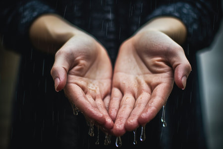 hands of a young woman in the rain, created with generative aiの素材