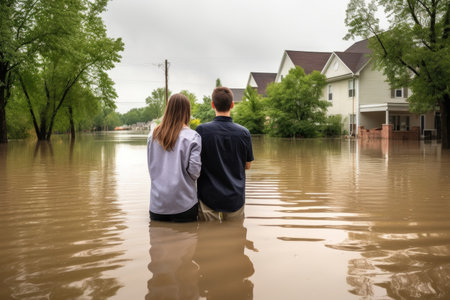 full length shot of a young couple looking out at their flooded neighborhood, created with generative aiの素材