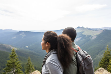 happy mixed race couple looking at the view on a mountain together, created with generative aiの素材