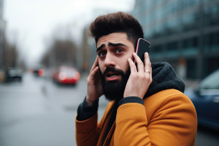 shot of a man holding his cellphone after calling for help, created with generative aiの素材