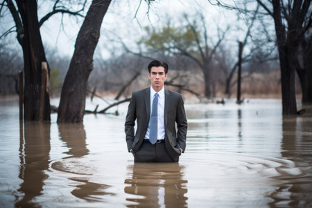 handsome man standing outside in a flooded environment, created with generative aiの素材