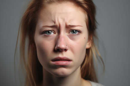 closeup of woman on the verge of crying with isolated background, created with generative aiの素材