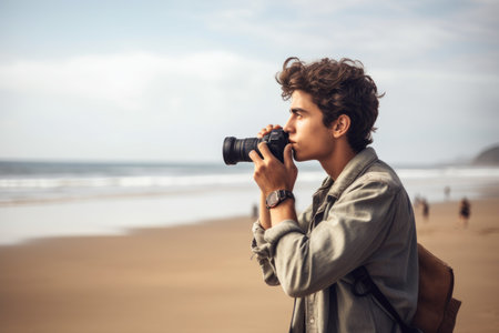 shot of a young man taking photos at the beach, created with generative aiの素材
