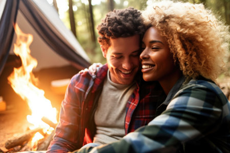 shot of an affectionate young couple bonding while camping in the woods, created with generative aiの素材