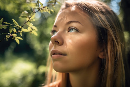 shot of a young woman experiencing nature up close, created with generative aiの素材