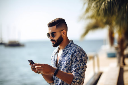shot of a young entrepreneur using a cellphone on vacation, created with generative aiの素材