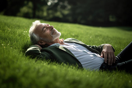 shot of a man relaxing on the grass, created with generative aiの素材