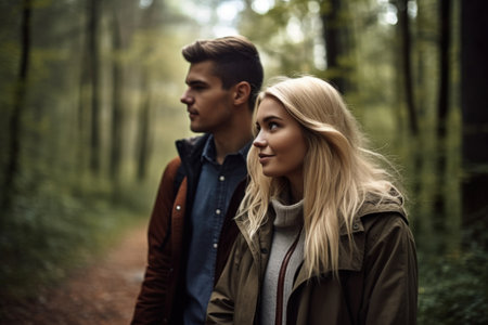shot of a young couple taking a walk through the forest, created with generative aiの素材