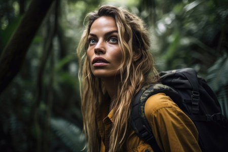 shot of an attractive young woman taking a break while going for a hike through the jungle, created with generative aiの素材