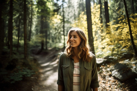 shot of a beautiful young woman taking a stroll through the forest, created with generative aiの素材