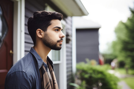 shot of a young man standing outside his home, created with generative aiの素材