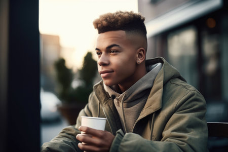 shot of a young man enjoying a cup of coffee while sitting outside in the early morning, created with generative aiの素材