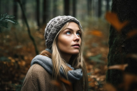 shot of an attractive young woman living in the woods, created with generative aiの素材