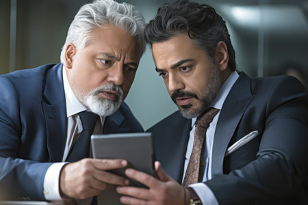 shot of two businessmen having a discussion over a digital tablet, created with generative aiの素材