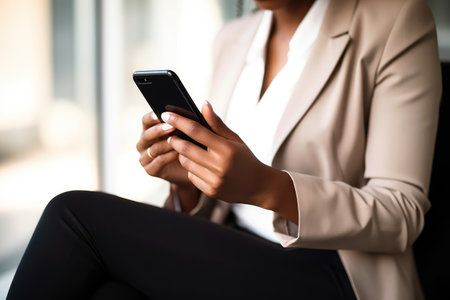 cropped shot of a young businesswoman using her mobile phone, created with generative aiの素材
