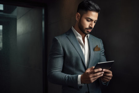 cropped shot of a handsome young businessman using his tablet, created with generative aiの素材
