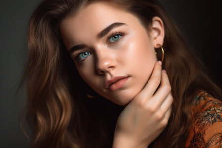 cropped portrait of a beautiful young woman with her hand on her cheek, created with generative aiの素材