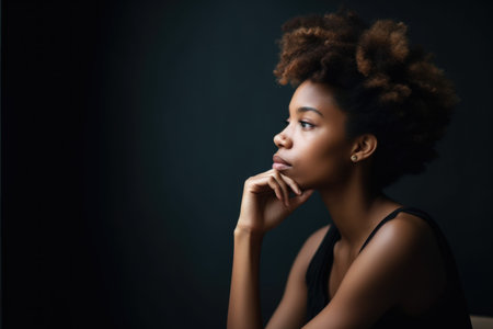 cropped shot of a young woman sitting alone and thinking, created with generative aiの素材
