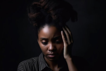 headache, mental illness and black woman with stress, depression and burnout after work, created with generative aiの素材