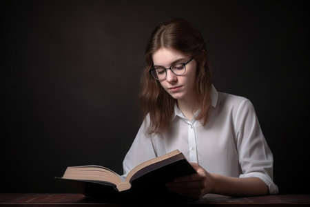 education, portrait and woman with a book for learning or studying in the studio, created with generative aiの素材