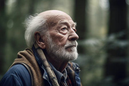 shot of a senior man out for a walk in the forest, created with generative aiの素材