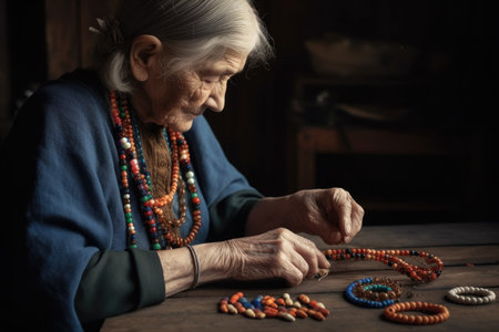 shot of a senior woman making a necklace from beads at home, created with generative aiの素材
