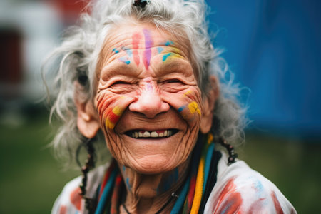 a woman with a rainbow painted across her body smiling at the camera, created with generative aiの素材