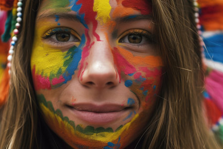 a cropped view of a young woman wearing colorful face paint, created with generative aiの素材
