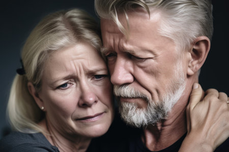 shot of a woman clutching her husband sobbing uncontrollably, created with generative aiの素材