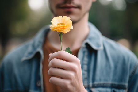 shot of a unrecognizable young man holding a flower outside, created with generative aiの素材