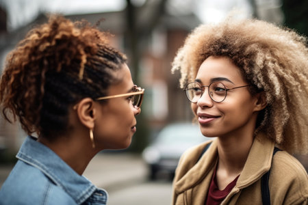 shot of a young woman having a conversation with her mother outside during the day, created with generative aiの素材