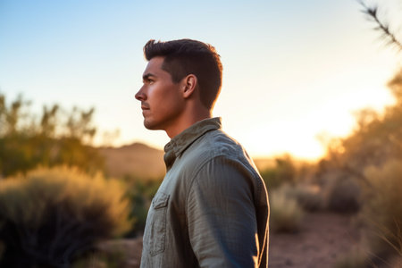 shot of a handsome young man looking away while walking on the trail at sunrise, created with generative aiの素材