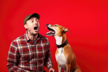 shout, echo and man with dog for communication on studio background, created with generative aiの素材