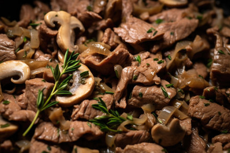 macro shot showing beef pieces and mushrooms in beef stroganoff, created with generative aiの素材