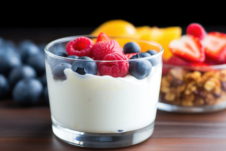 close up of sliced fruit on top of yogurt, created with generative aiの素材