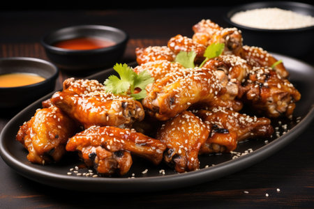 asian-style chicken wings garnished with sesame seeds, created with generative aiの素材