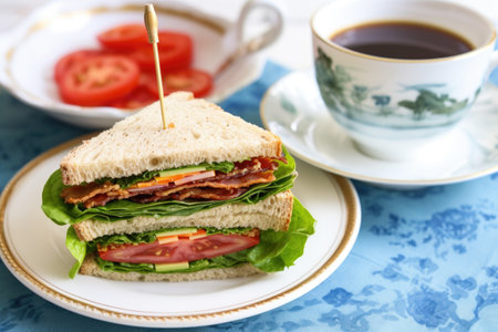 overhead shot of a blt sandwich with a cup of tea, created with generative aiの素材
