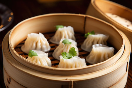 dumplings in a bamboo steamer, created with generative aiの素材