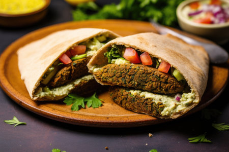 halved falafel sandwich showcasing filling, created with generative aiの素材
