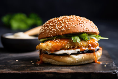 fish sandwich with sesame bun on a dark stone slab, created with generative aiの素材