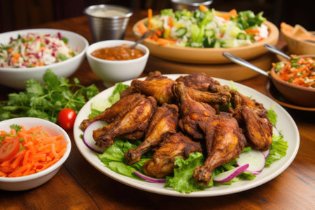fried chicken wings spread over a bed of vegetable salad, created with generative aiの素材