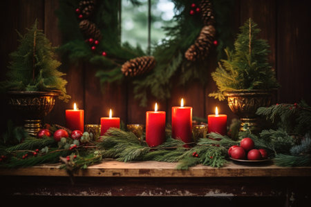 glowing candles surrounded by pine branches, created with generative aiの素材