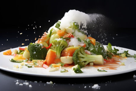 half eaten steamed vegetables on a white dish, created with generative aiの素材