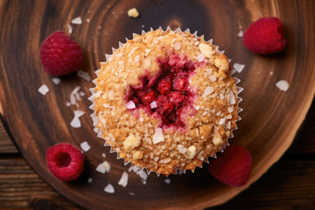 raspberry muffin viewed from above on a wooden surface, created with generative aiの素材