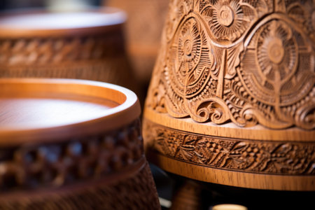 close-up of intricate carvings on a djembes base, created with generative aiの素材