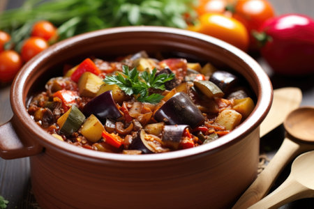 close-up of ratatouille in a ceramic bowl with wooden spoon, created with generative aiの素材