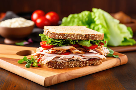 a whole-grain bread sandwich with fresh turkey and lettuce on a bamboo board, created with generative aiの素材
