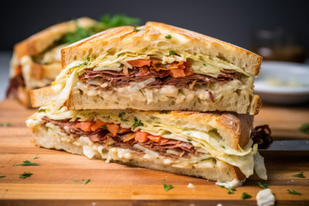 a large sandwich with sauerkraut and russian dressing, sliced diagonally, created with generative aiの素材