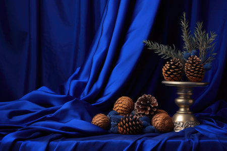 pinecone props arranged on a royal blue silk drape, created with generative aiの素材